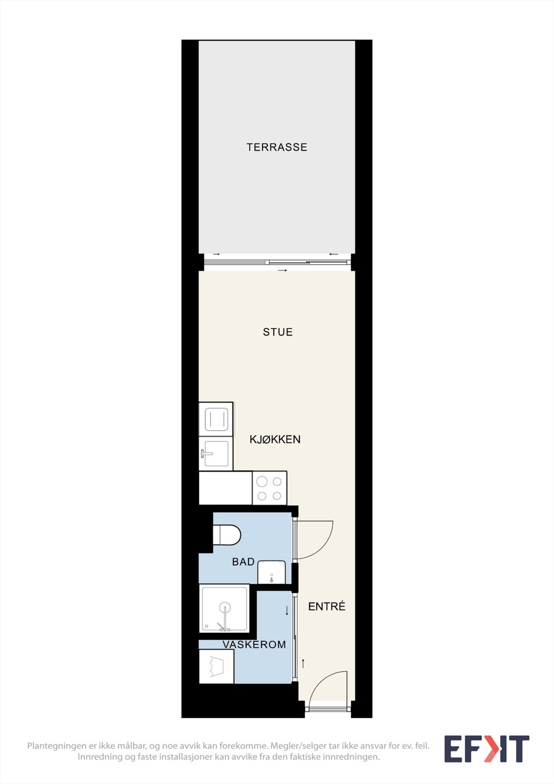 En arealeffektiv planløsning med en tydelig inndeling av soner og direkte utgang til terrasse. Galleribilde