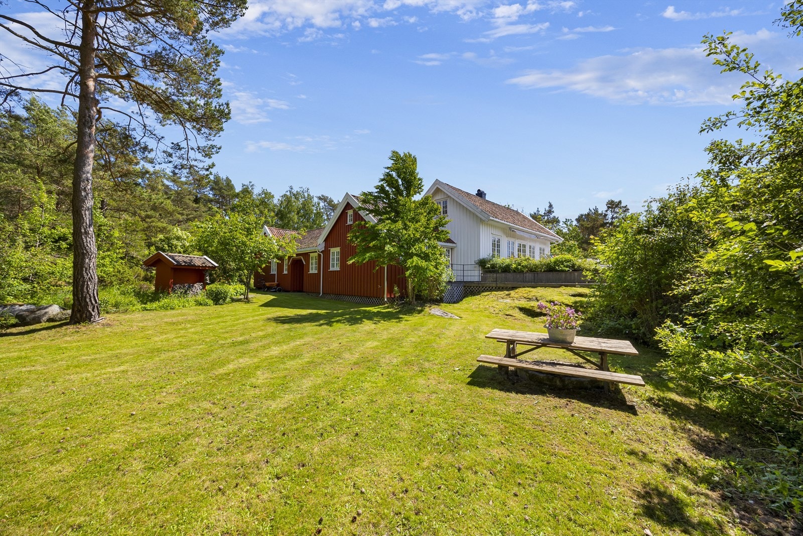 Stor, skjermet hage med plen, prydbusker og beplantning med masse plass for lek, opphold og rekreasjon. Galleribilde