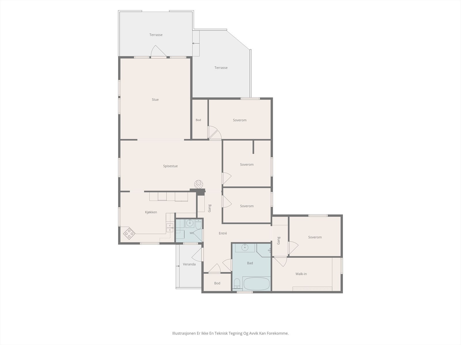 En arealeffektiv planløsning på ett plan, med fire soverom og romslige, sosiale soner. (Illustrasjon) Galleribilde