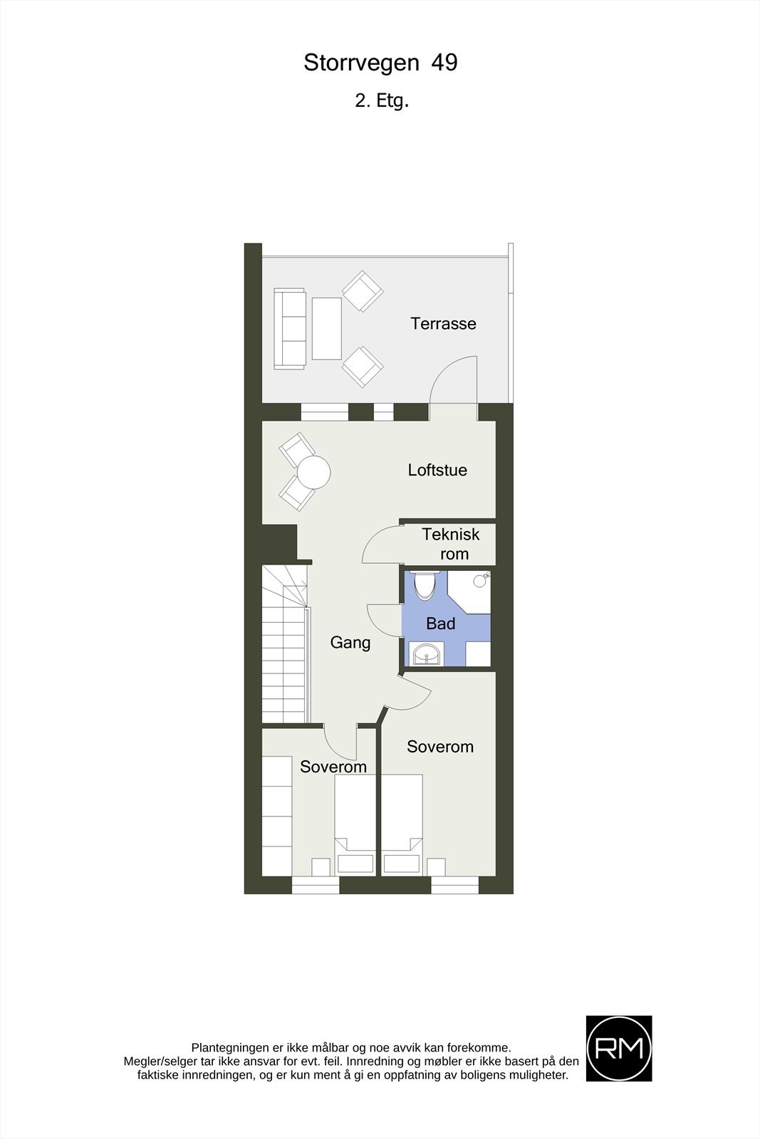 Andre etasje inneholder loftstue, to soverom, bad og en innvendig bod. Galleribilde