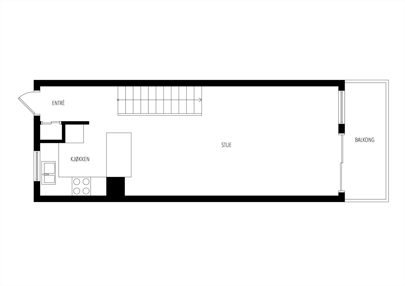 Leilighetens første plan rommer entré og en åpen stue- og kjøkkenløsning med utgang til balkong. Galleribilde