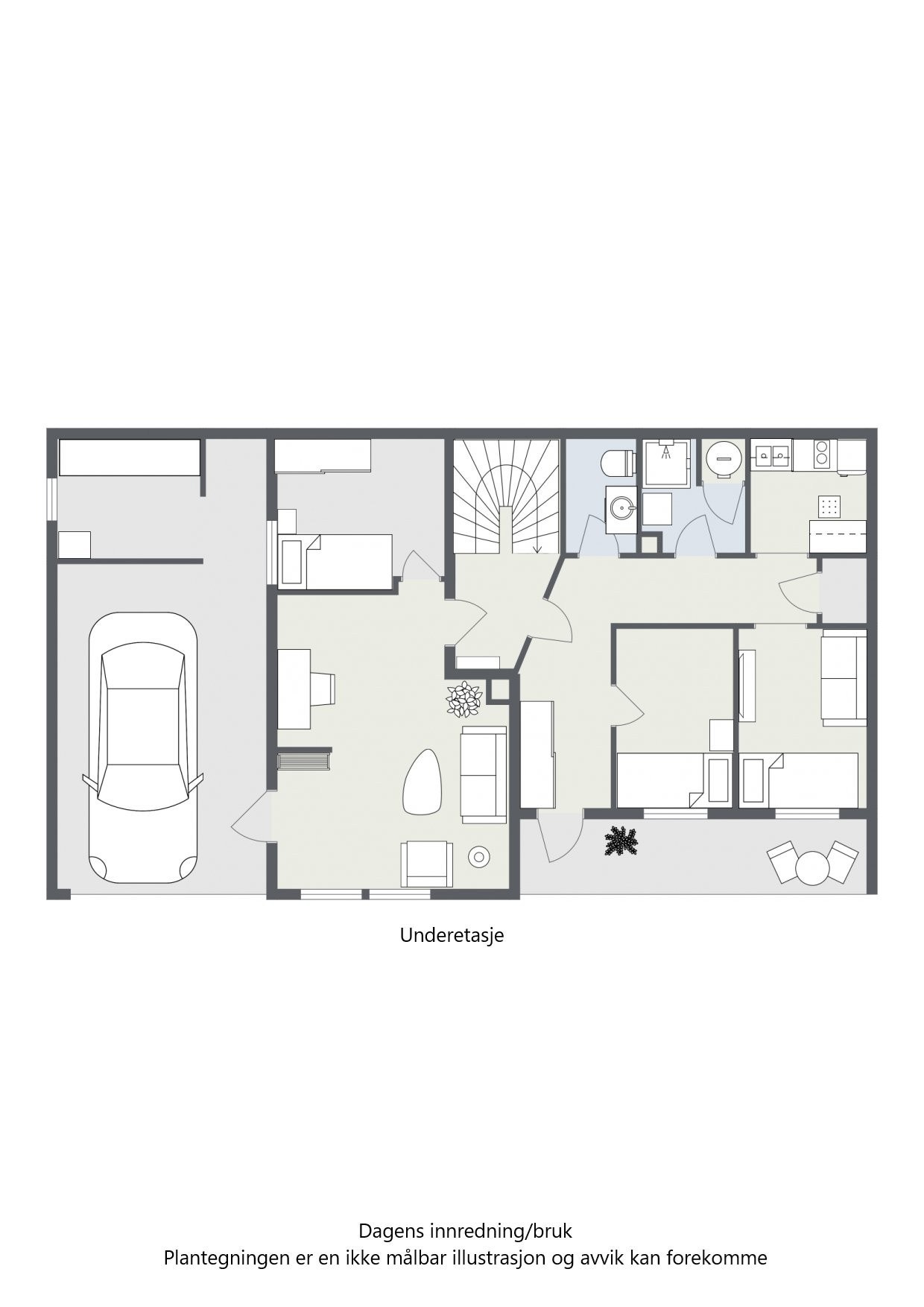 Plantegninger av underetasjen med dagens innredning/bruk Galleribilde