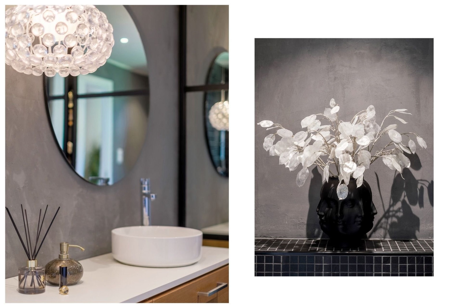 Badet har mikrosement og sorte fliser på overflatene og baderomsinnredningen er fra Vedum Galleribilde
