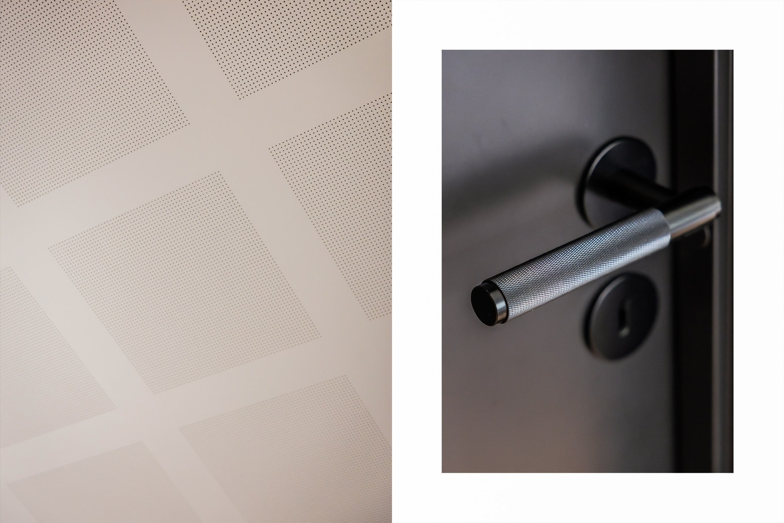 Detaljer som viser gjennomtenkt design som blant annet Design dørhåndtak Buster & Punch. Det er magnetlås i alle innvendige åpnigsdører. Akustikkplater i stue/kjøkken, TV-stue, hall og vaskerom Galleribilde