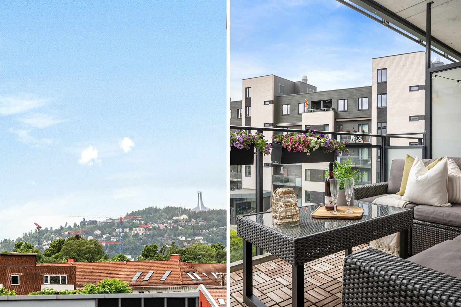 Den sørvestvendte balkongen som ligger vendt inn mot den rolige bakgården byr på nydelige solforhold, og oppleves som en forlengelse av stuen på varme sommerdager Galleribilde