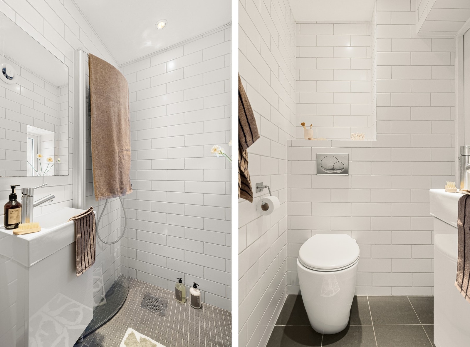 Leiligheten har en gjennomført stil som går igjen i alle rom. På badet får du også naturlig lysinnslipp. Galleribilde