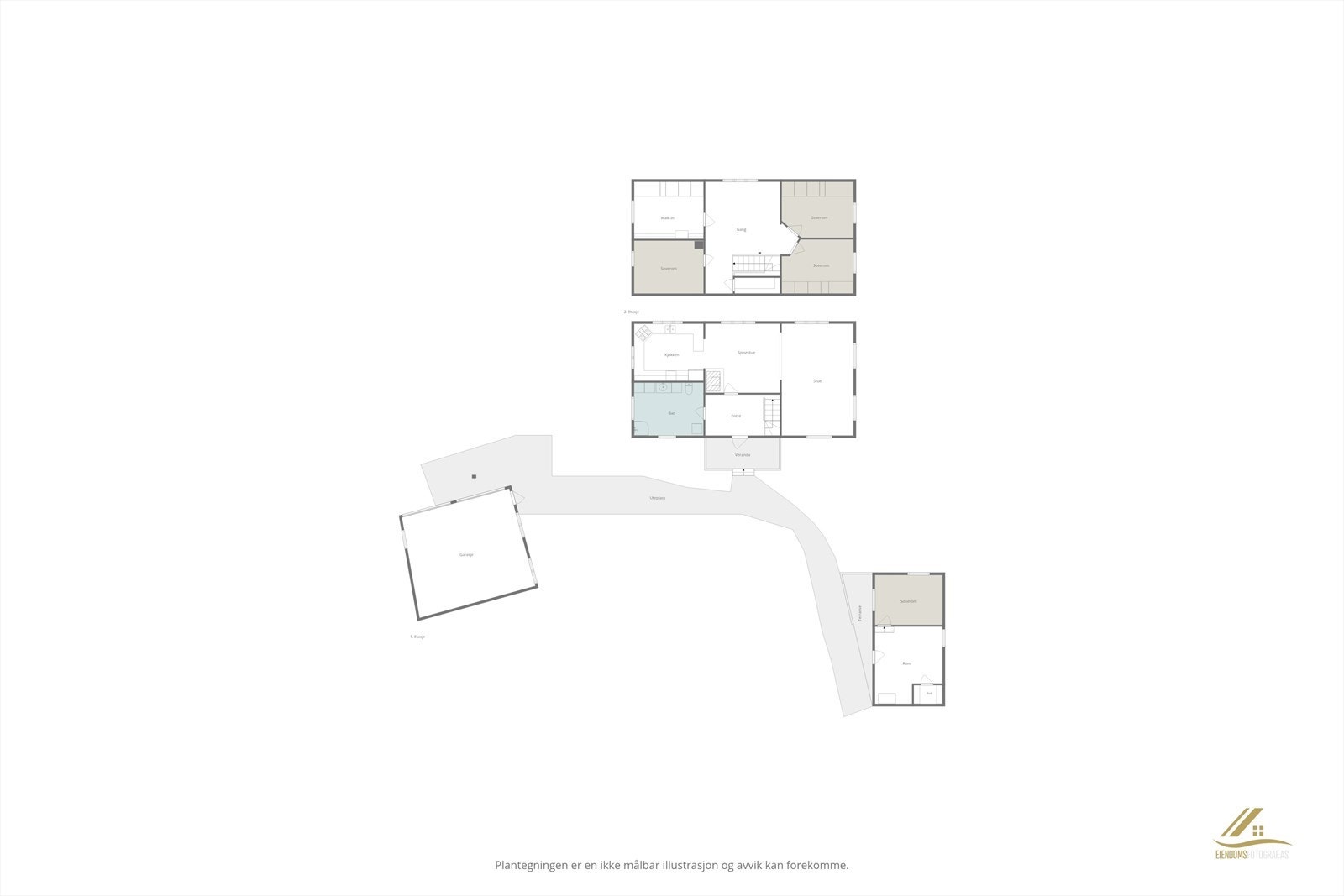 Plantegning begge etasjer + garasje og uthus. Galleribilde