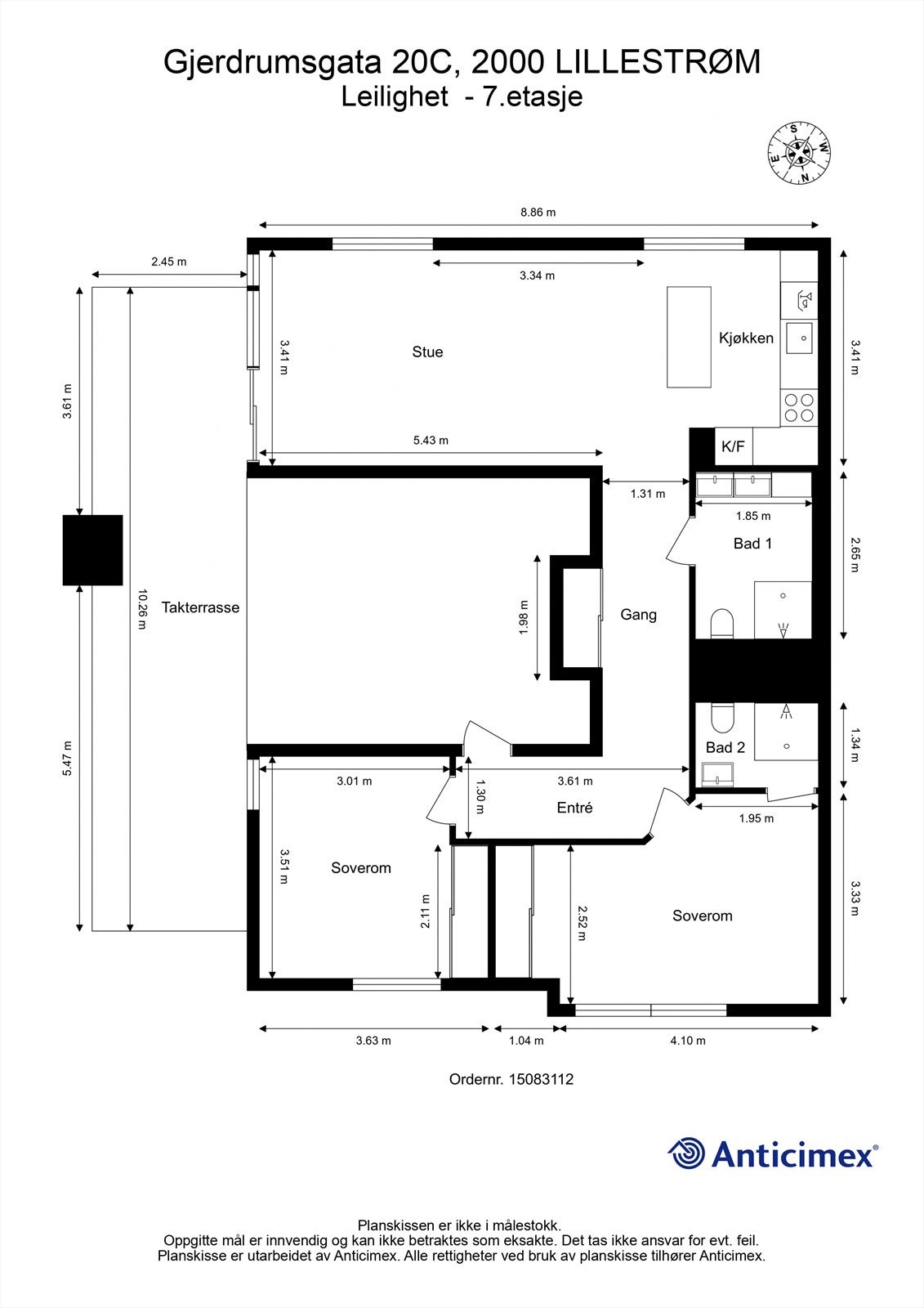 Effektiv planløsning med åpen stue og kjøkkenløsning, to soverom og to bad Galleribilde