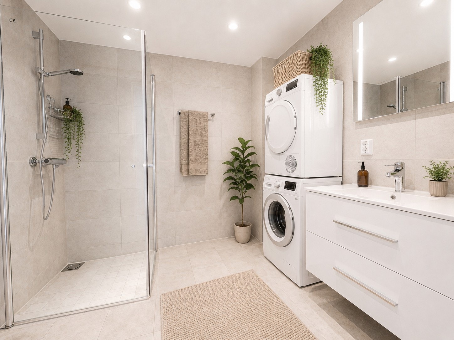 Det lekre badet på 5 kvm er utstyrt med fliser på gulv og vegger samt spotter i tak, og byr på en flott, lys baderomsinnredning med skuffer og et vegghengt speil med integrert belysning. Galleribilde