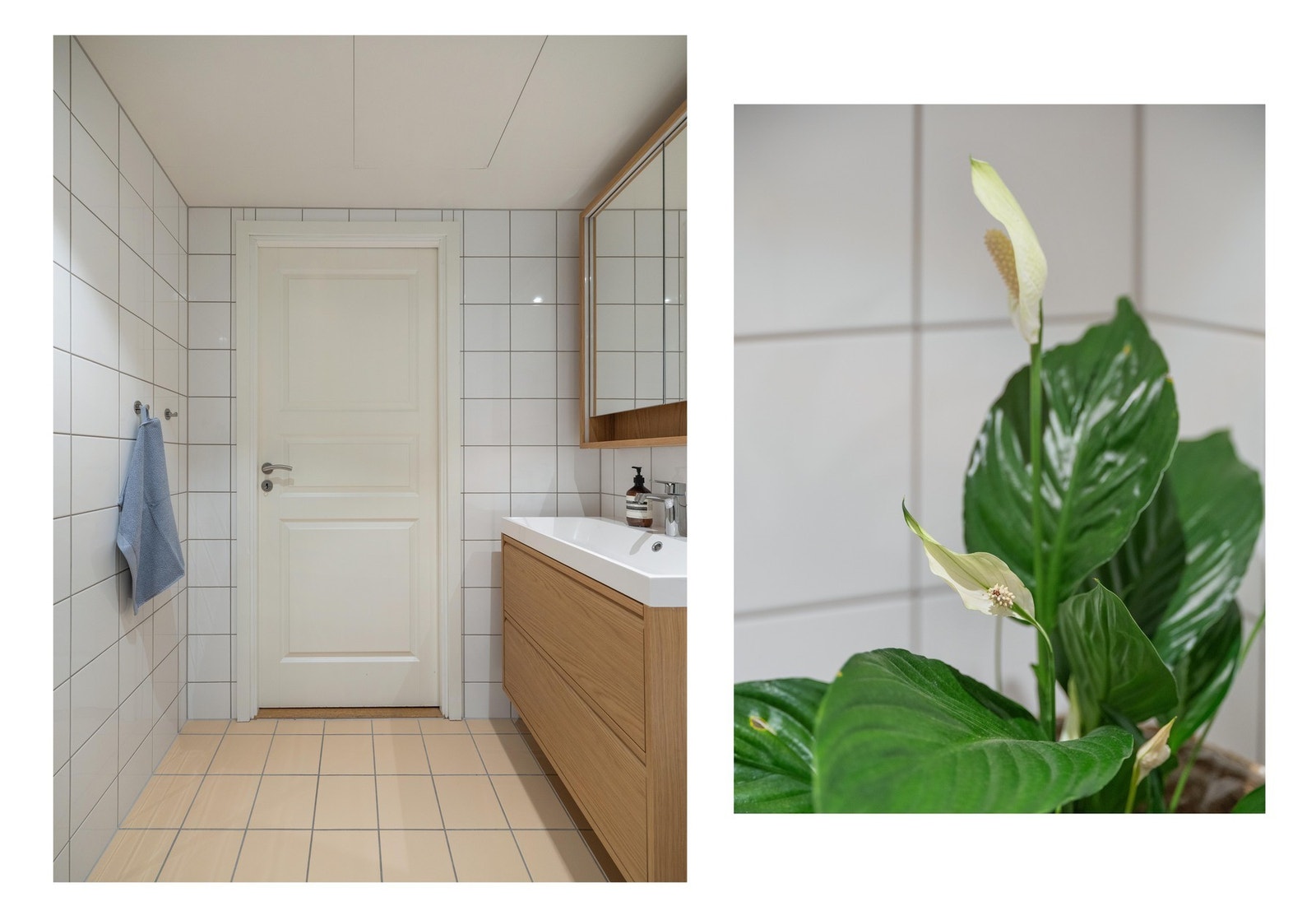 Baderommet har flislagte vegger og flislagt gulv med varme. Nedsenket himling med downlights. Galleribilde