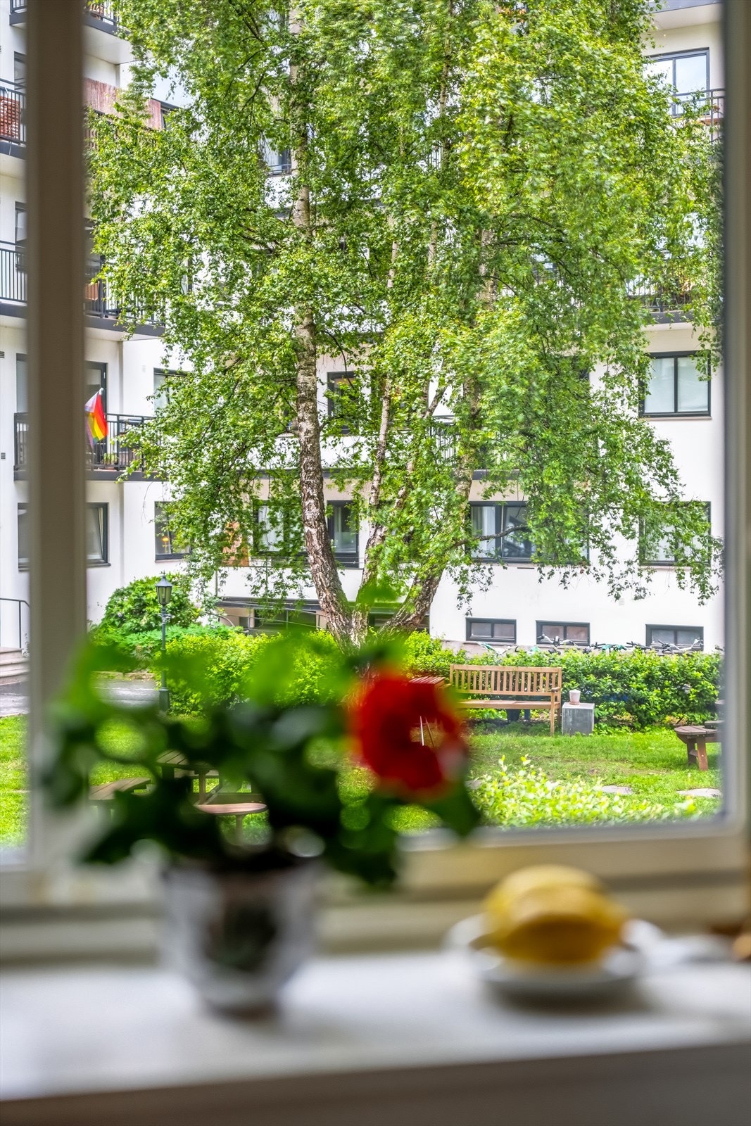 Rommet ligger vendt ut mot en hyggelig, grønn og rolig bakgård. Galleribilde