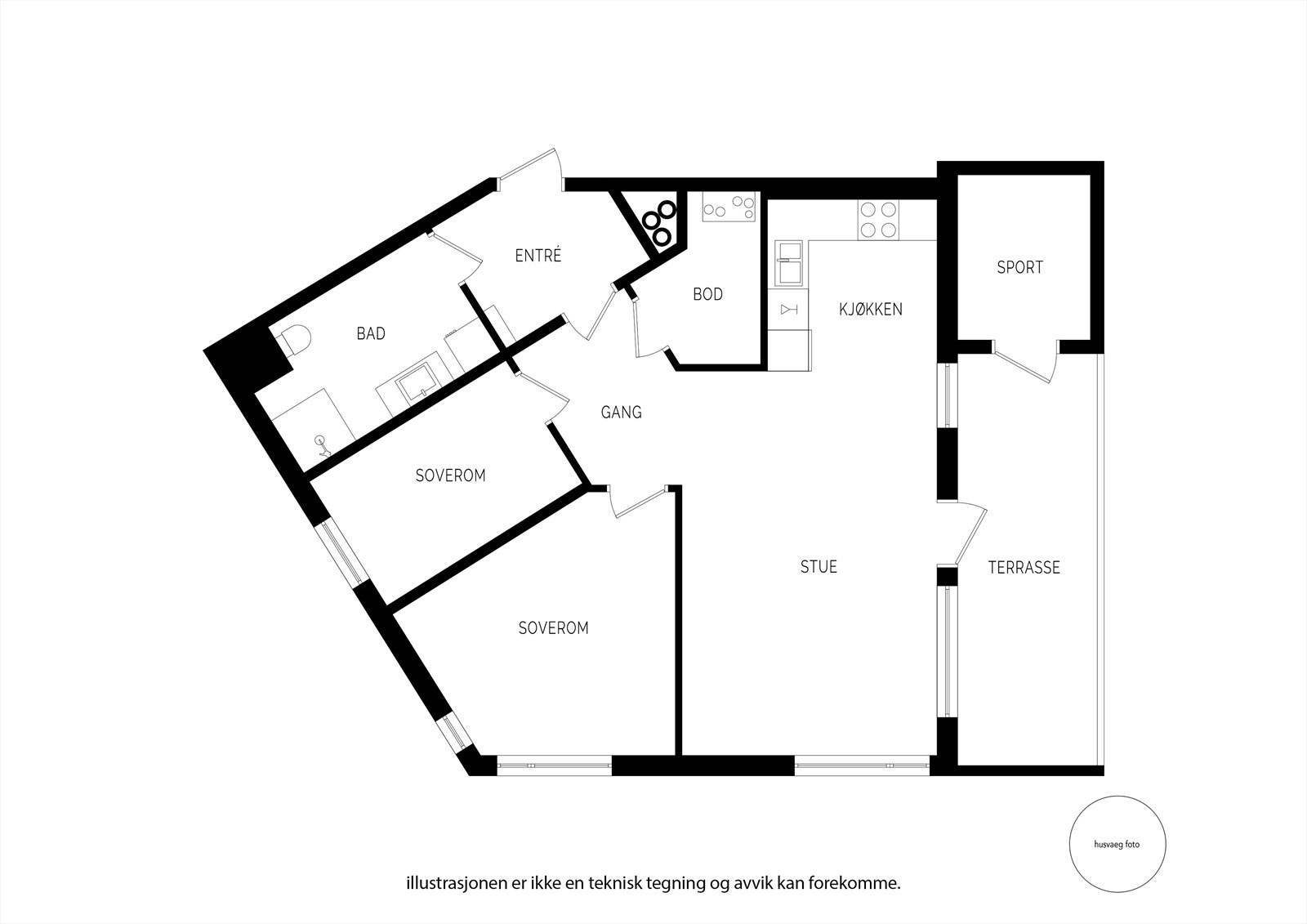 Leiligheten har en arealeffektiv planløsning med to soverom, åpen stue- og kjøkkenløsning og god lagringsplass i innvendig og ekstern bod. Galleribilde