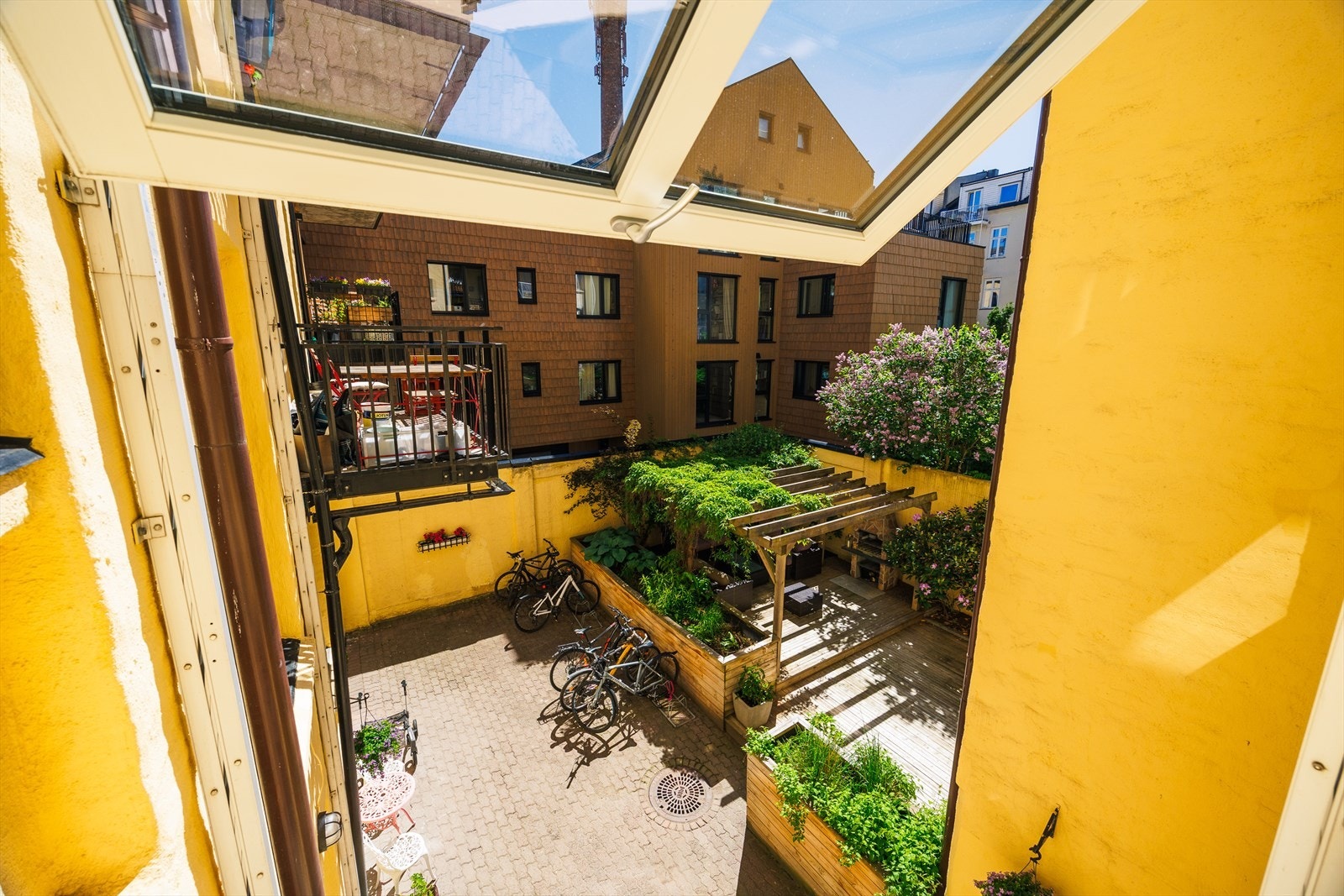 Bakgården sett fra soverommet, frodig og grønt fellesområde Galleribilde