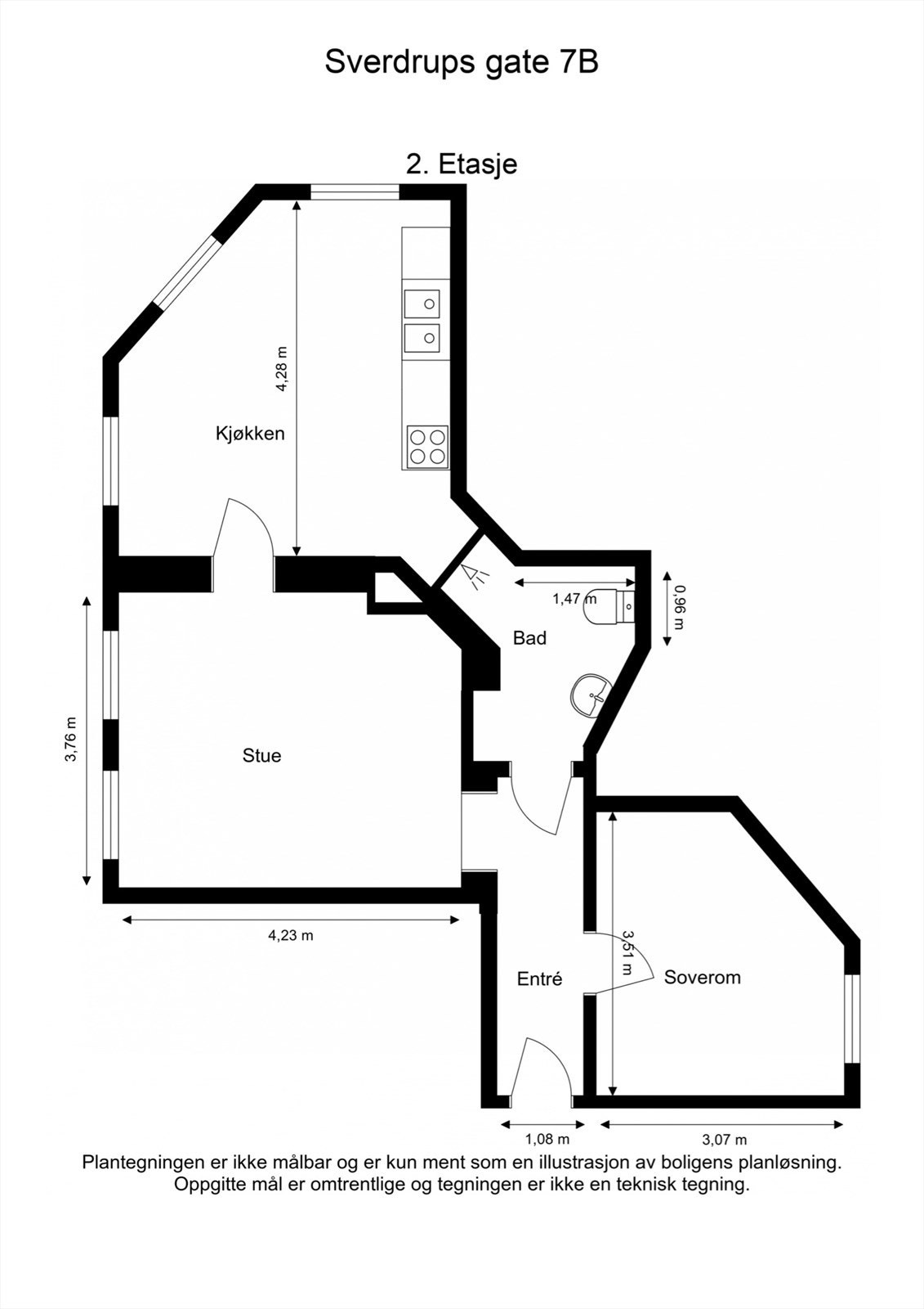 Plantegning med stue, kjøkken, bad, entré og soverom. Leiligheten disponerer bod i kjeller og bod på loft Galleribilde