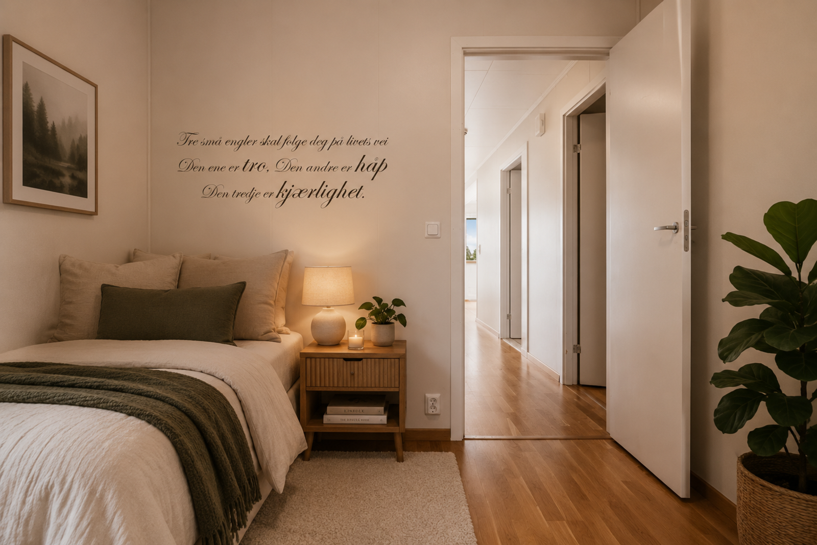 Leilighetens andre soverom har god plass til seng og oppbevaringsmøbler. (Digital styling) Galleribilde