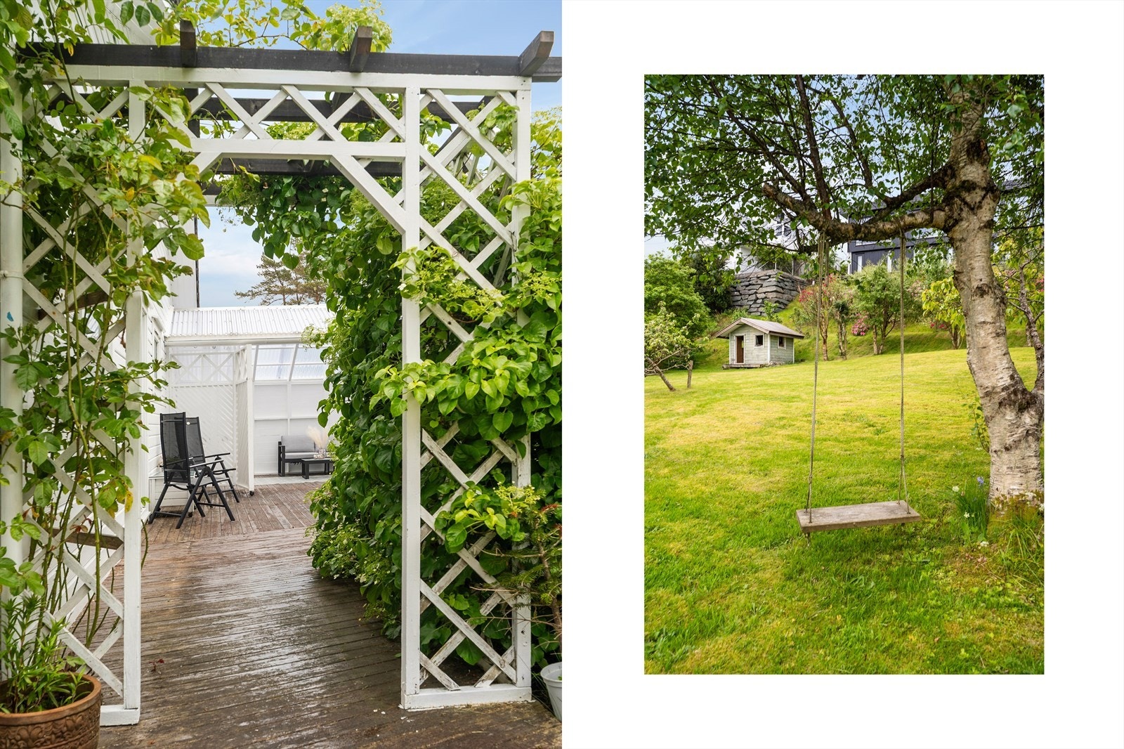 Stor og frodig hage med plen og beplantning. Galleribilde