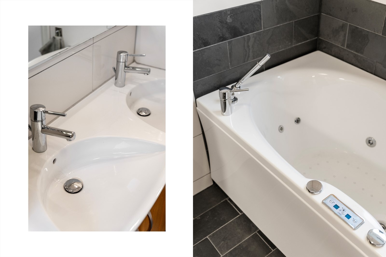 Badet er utstyrt med dobbel servant og boblebad for ekstra komfort. Det er elektrisk gulvvarme. Galleribilde