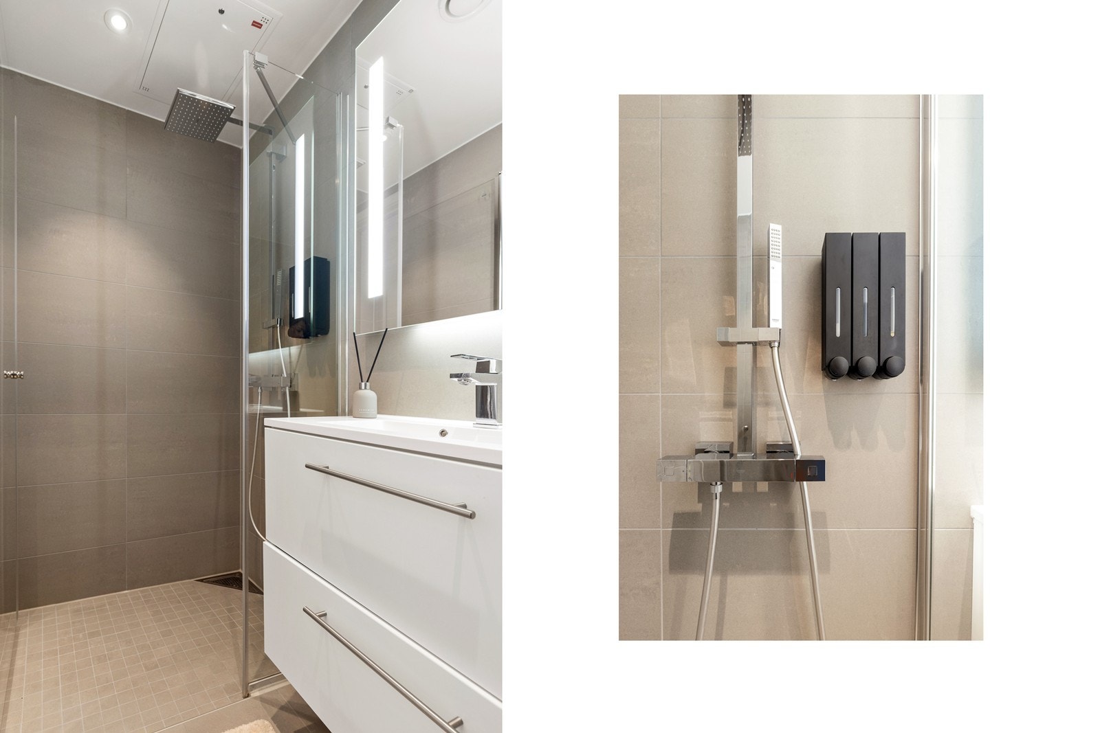 Dusjhjørne med glassdører og ett-greps armatur fra Grohe med to dusjhoder. Galleribilde