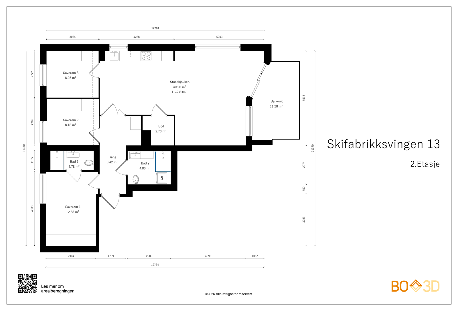 Leiligheten har en arealeffektiv planløsning på 95 m² som omfatter tre soverom, to bad og en åpen stue- og kjøkkenløsning. Galleribilde