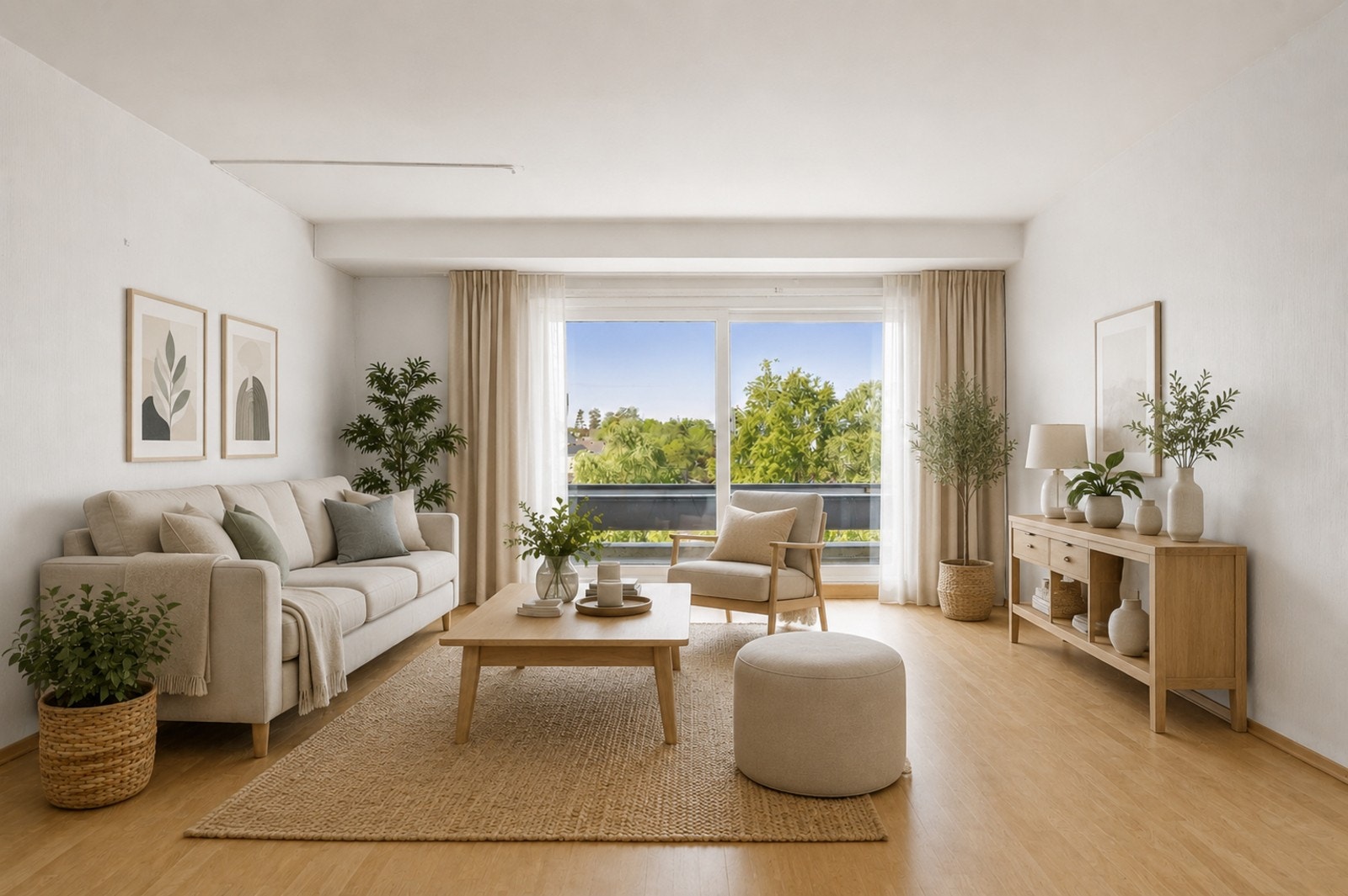 Stuen i leiligheten er både romslig og fleksibel, og legger til rette for en rekke møbleringsmuligheter. Med store vindusflater og skyvedør ut til balkongen, slipper dagslyset inn fra flere sider, noe som gir en lys og luftig atmosfære. Digitalt møblert. Galleribilde