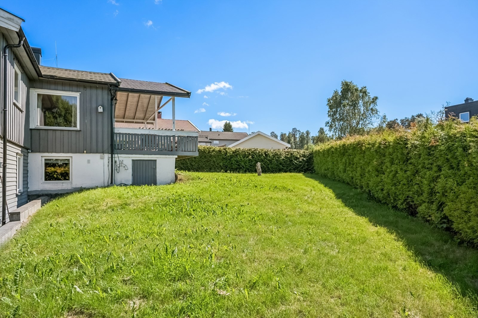 Pent opparbeidet tomt med plenarealer og hekk. Galleribilde