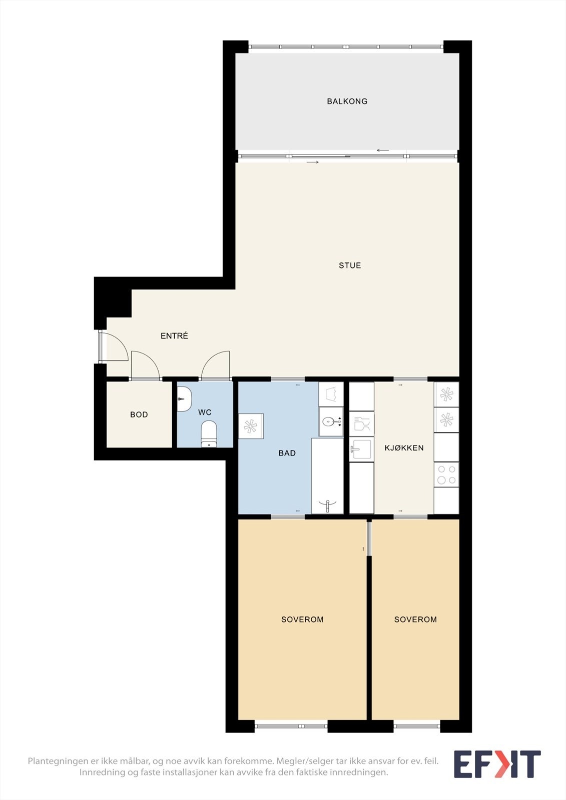 Leiligheten har en arealeffektiv planløsning med to soverom, bad, separat wc og en romslig stue med åpen løsning mot vinterhagen. Galleribilde