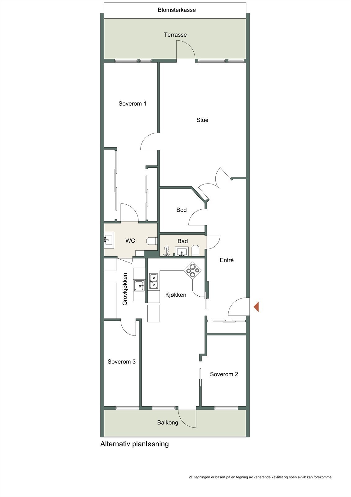 Alternativ plantegning - Leiligheten er opprinnelig godkjent med 3 soverom, som enkelt kan reetableres. Galleribilde