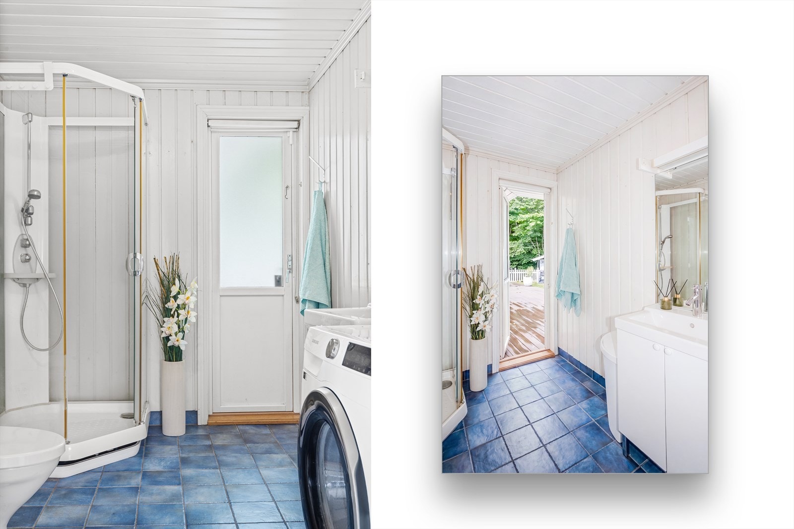 Bad/vaskerom i 1. etg er praktisk innredet med bla. a. dusjkabinett og toalett. Det er også utgang direkte til uteområdet. Galleribilde
