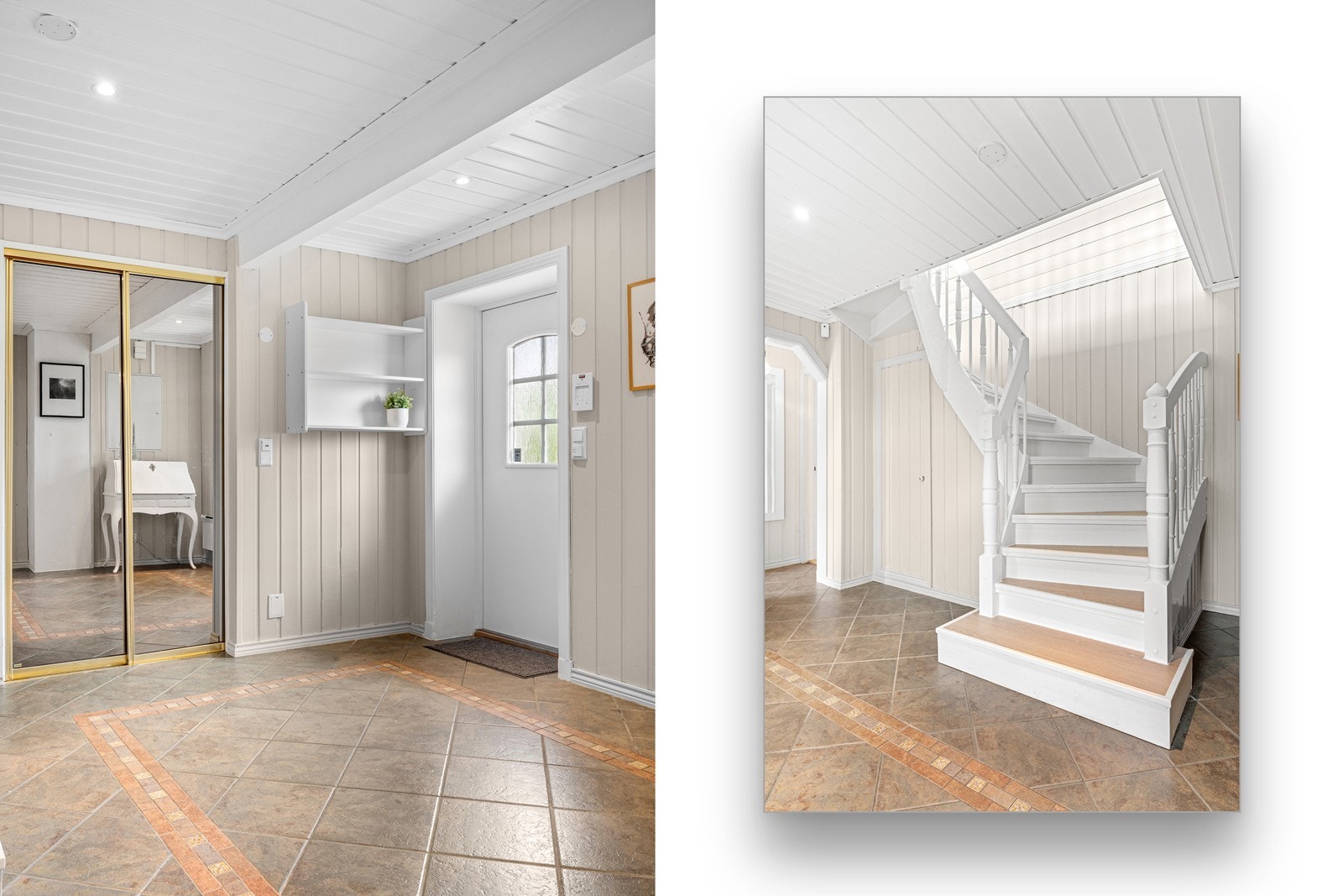 Hallen har skyvedørsgarderobe, plassbygd skap og ellers plass til møblement. Tretrappen som forbinder etasjene ble utbedret i 2020. Galleribilde