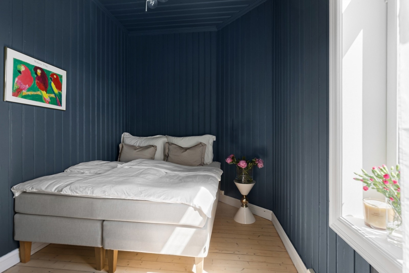 Det ene soverommet har malt trepanel i himling og på vegger, og vender mot den rolige bakgården. Galleribilde