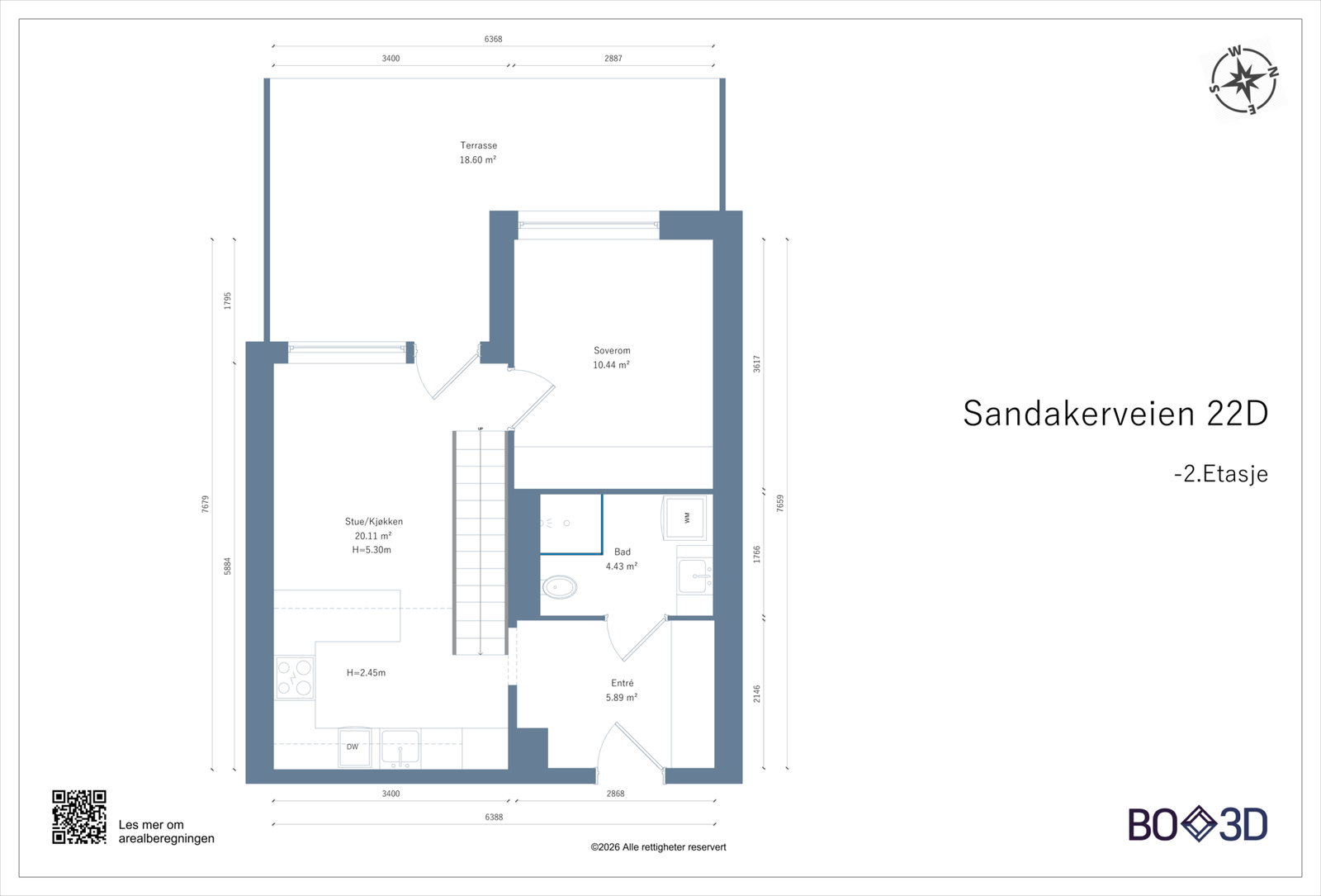 Boligen disponerer to eksterne boder, på hhv. 3 m² + 5 m². Galleribilde
