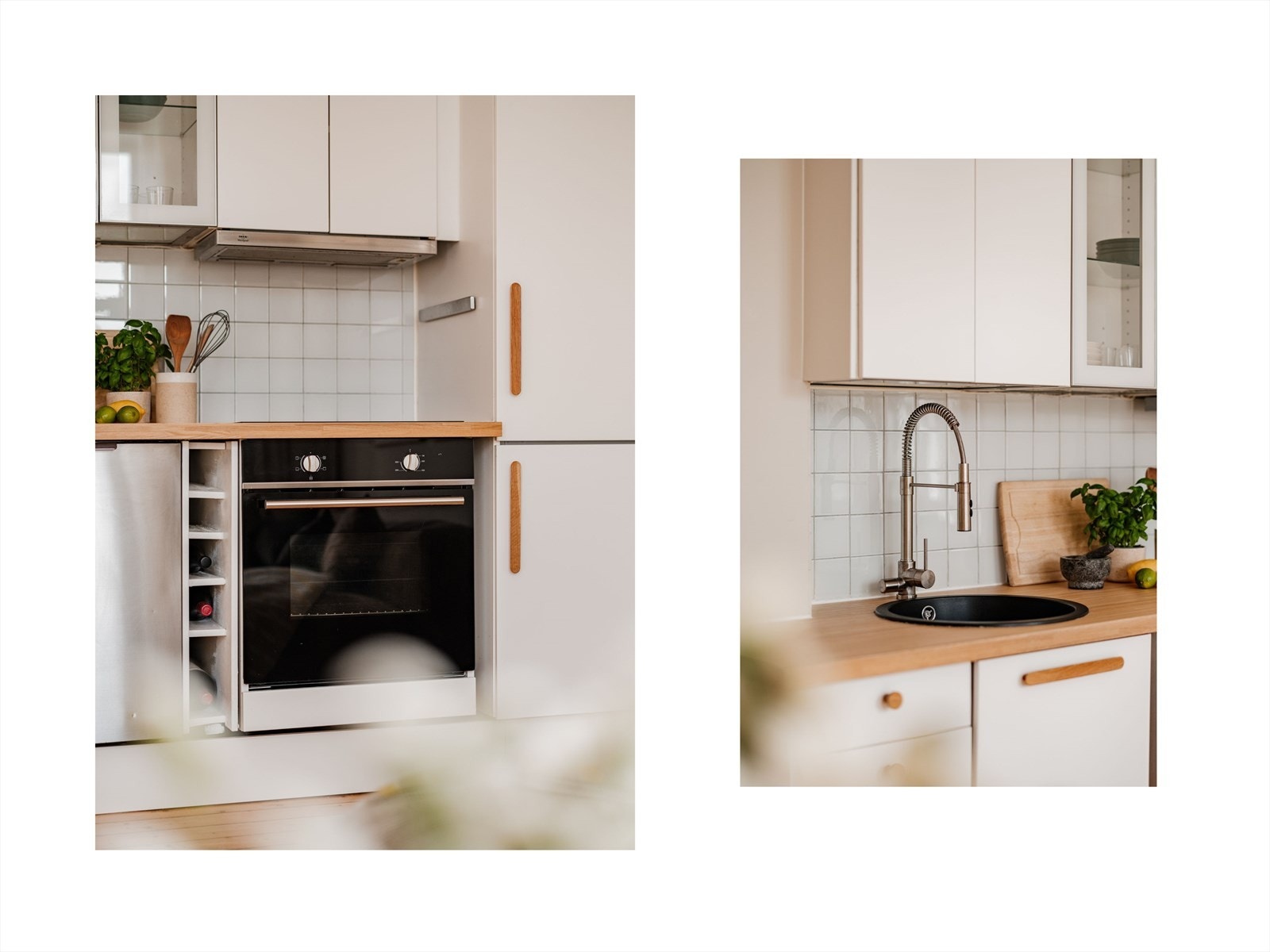 Kjøkkeninnredning med laminert benkeplate med nedfelt oppvaskkum med 1-greps blandebatteri. Fliser mellom over og underskap. Galleribilde