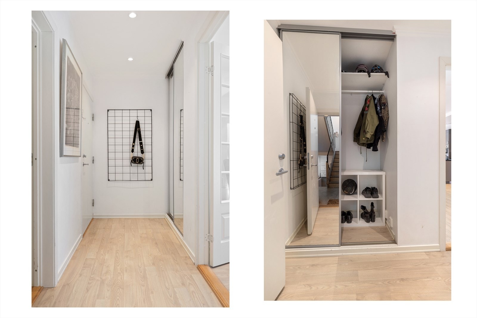 Tiltalende entré med lyse overflater og laminatgulv. Entréen er utstyrt med skyvedørsgarderobe som gir rikelig med oppbevaringsplass og bidrar til et ryddig og funksjonelt inngangsparti. Galleribilde