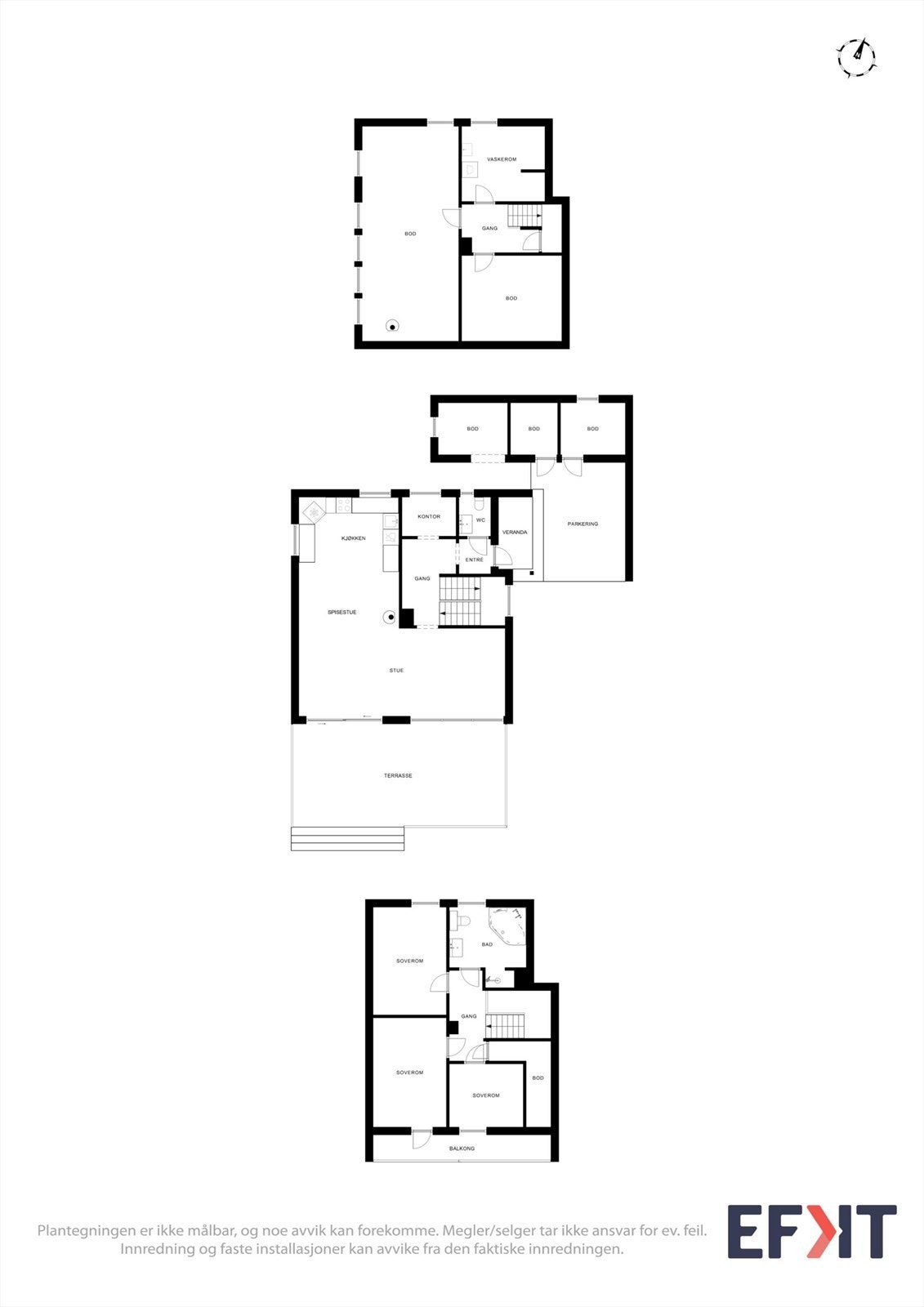 Eneboligen går over tre plan og har en familievennlig romfordeling med sosiale soner i første etasje og soverom samlet i andre. Galleribilde