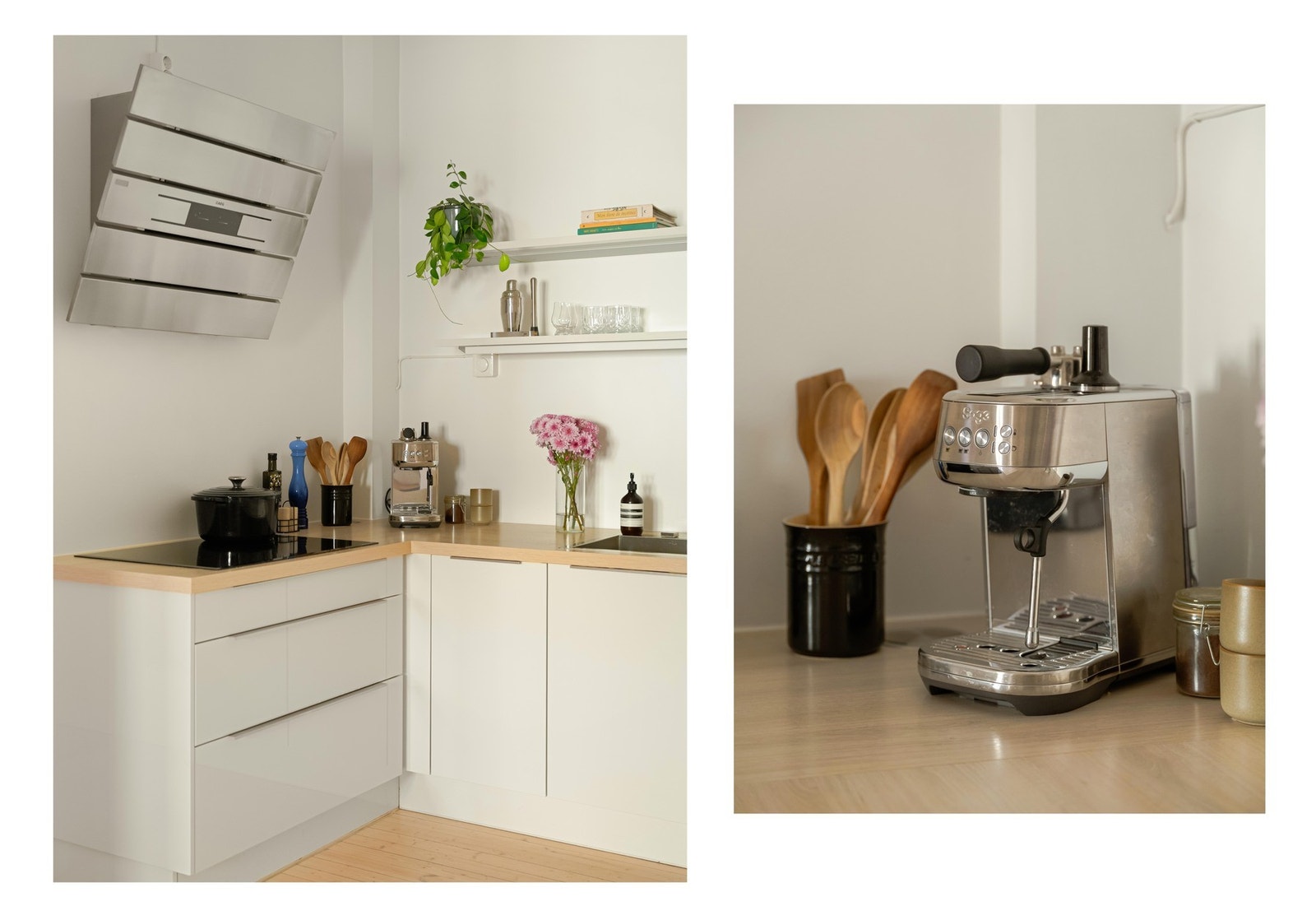 Over benken er det hyller med spotbelysning under og en stilig, vegghengt kullfilterventilator. Galleribilde