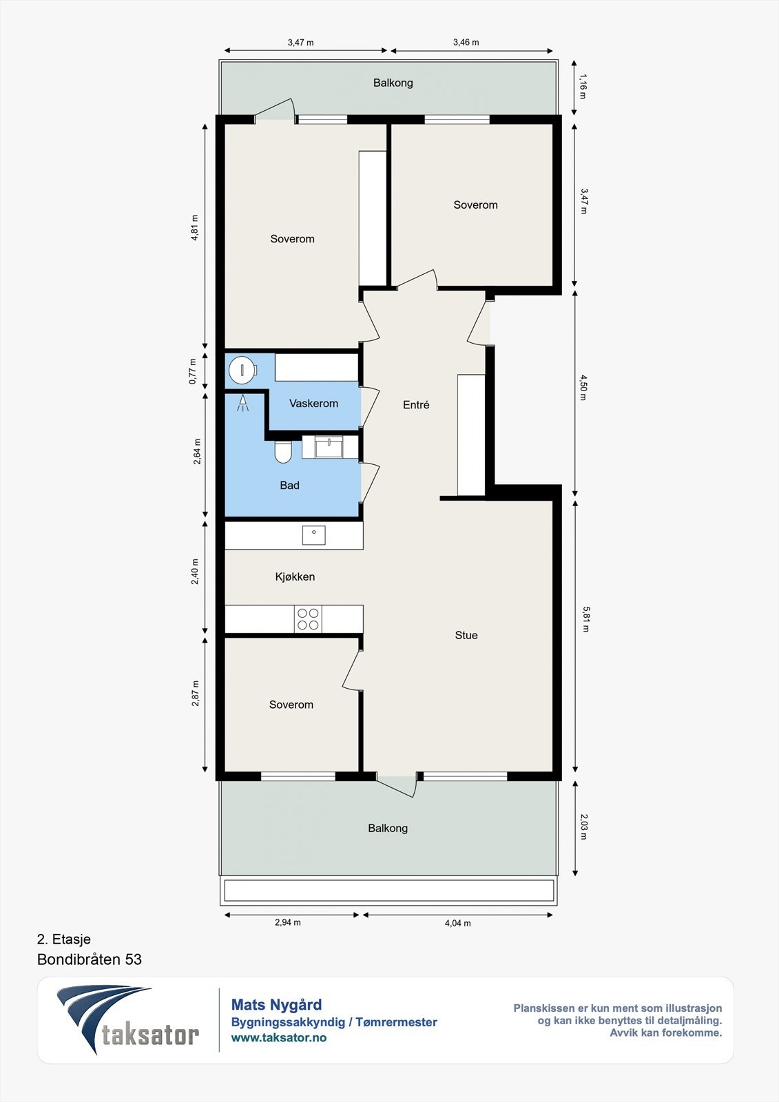 En gjennomtenkt planløsning med tre soverom, åpen stue/kjøkken-løsning, separat vaskerom og to uteplasser. Galleribilde
