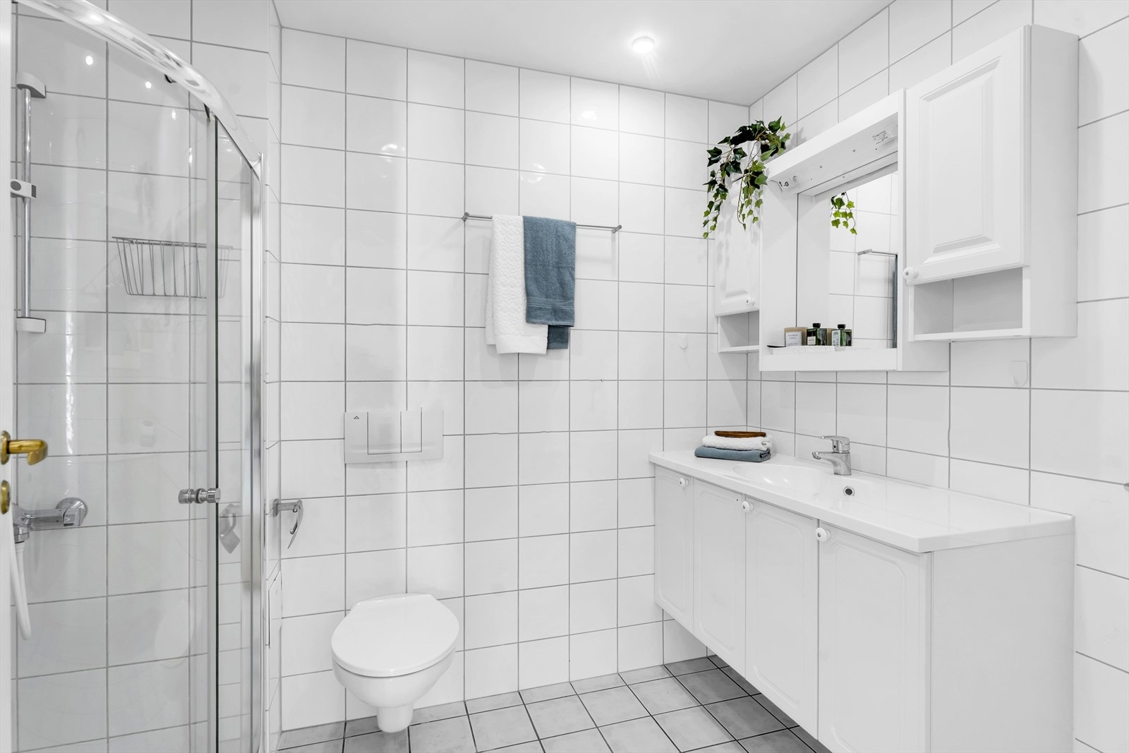 Romslig bad med WC, dusj og plass til vask og tørk. Galleribilde
