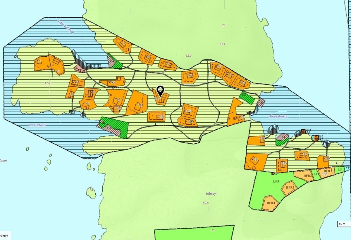 Reguleringsplankartet viser hvor det er regulert inn felles badeplasser, felles grøntområder og friområde. Galleribilde