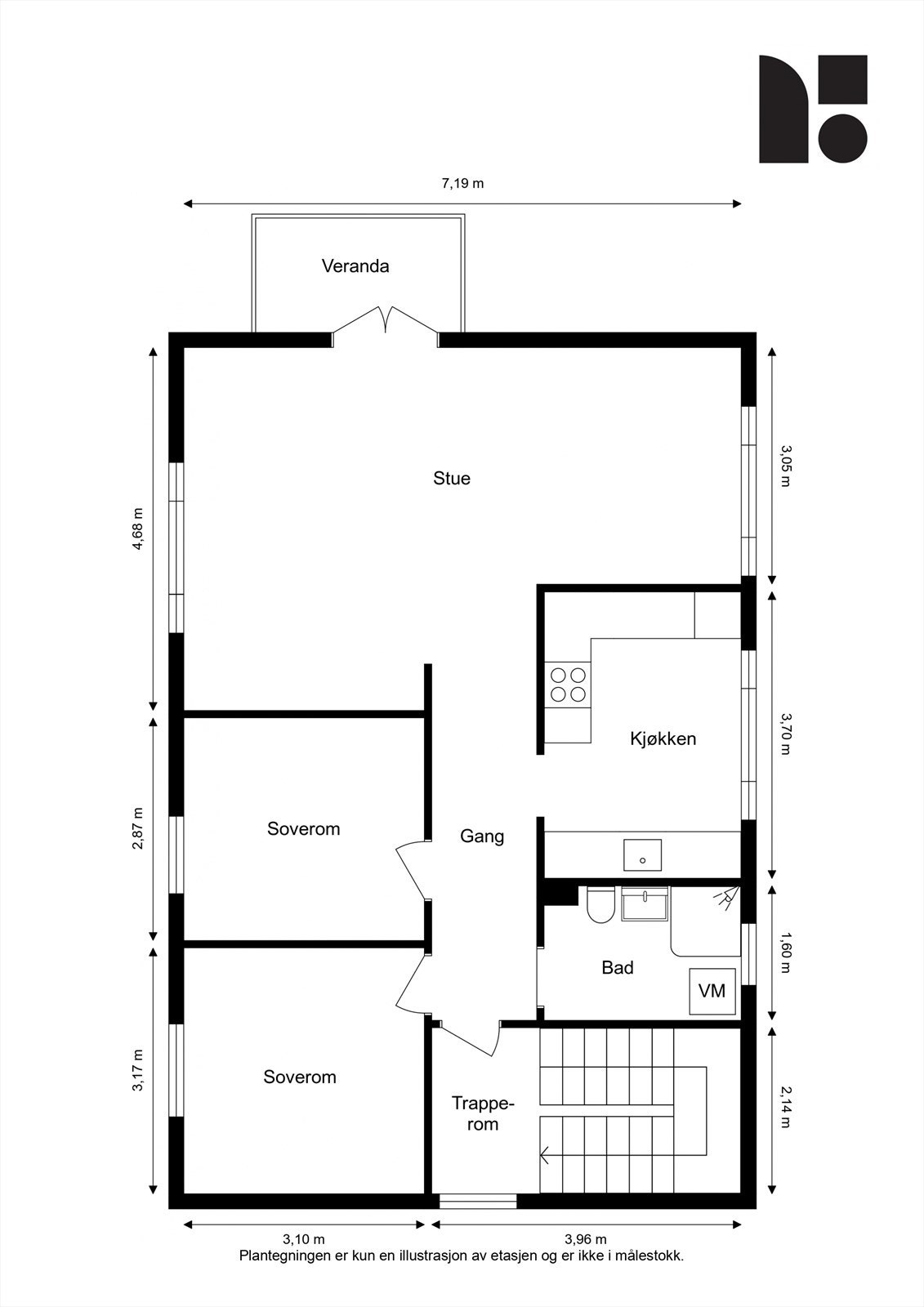 Plantegning hovedetasje. Det er mulig å etablere et tredje soverom ved å skille av spisestuen med en lettvegg. Galleribilde