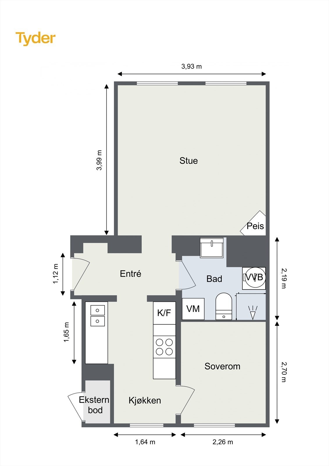 Takstmannens planskisse. Merk deg at en av tre boder ligger rett ved leiligheten. Galleribilde