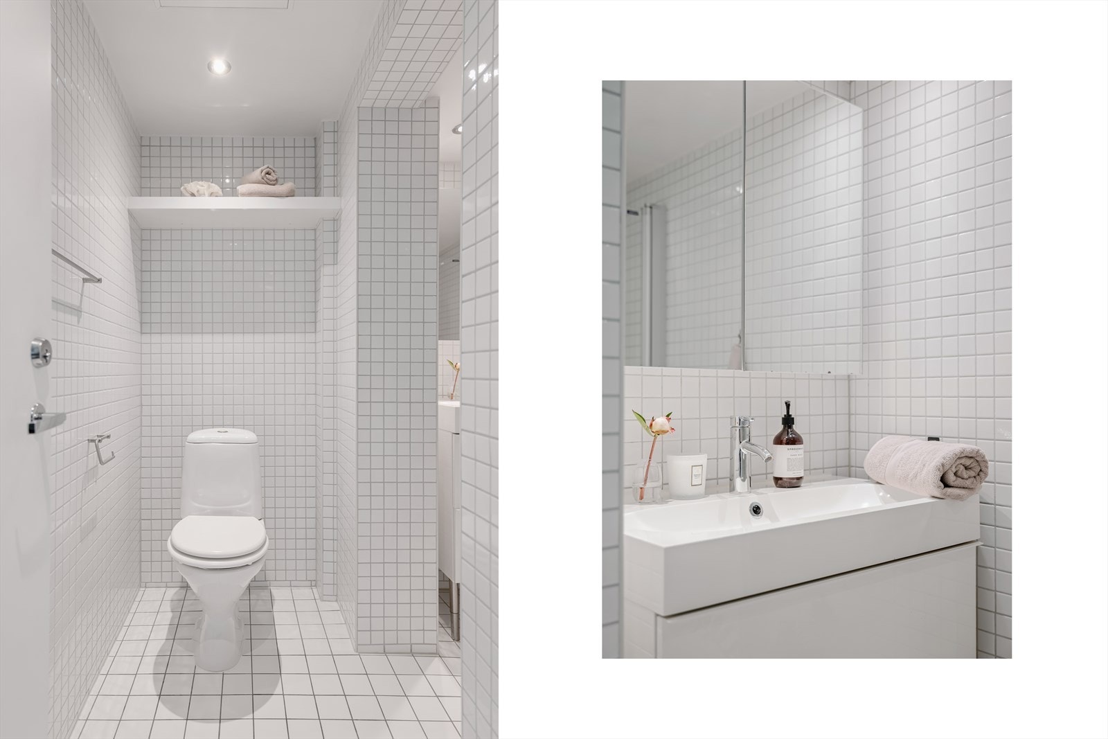 Badet inneholder gulvmontert toalett, servantinnredning og dusjnisje. Servantskap og speilskap ble montert i 2018. Galleribilde