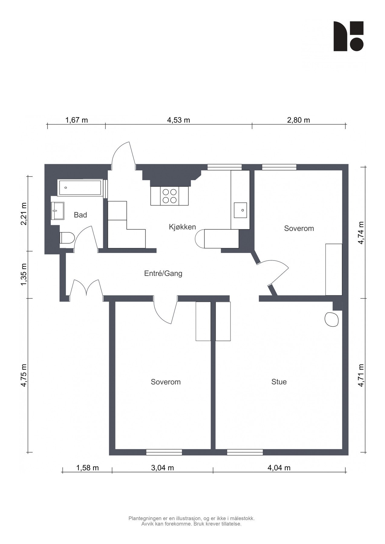 Plantegning. Leiligheten disponerer i tillegg to boder, samt skap i trappegang. Galleribilde