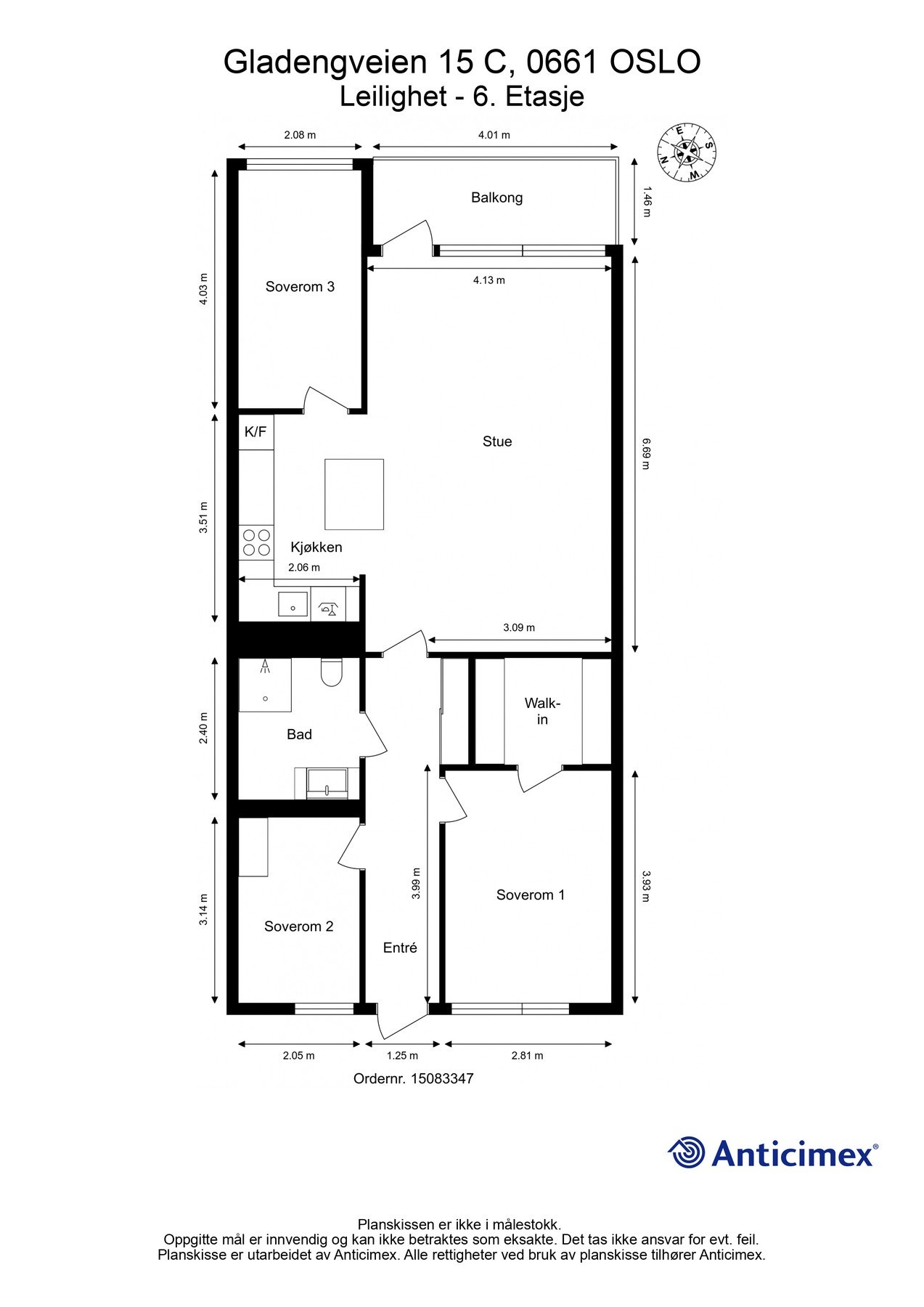 Plantegning 6. etasje med heis. I tillegg disponerer leiligheten en garasjeplass med elbil-lader, samt en kjellerbod på 5m². Galleribilde