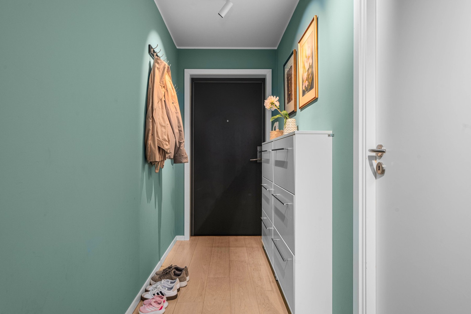 Du ønskes velkommen inn i en hyggelig entré med plass til oppheng av yttertøy og sko i medfølgende skoskap. Galleribilde