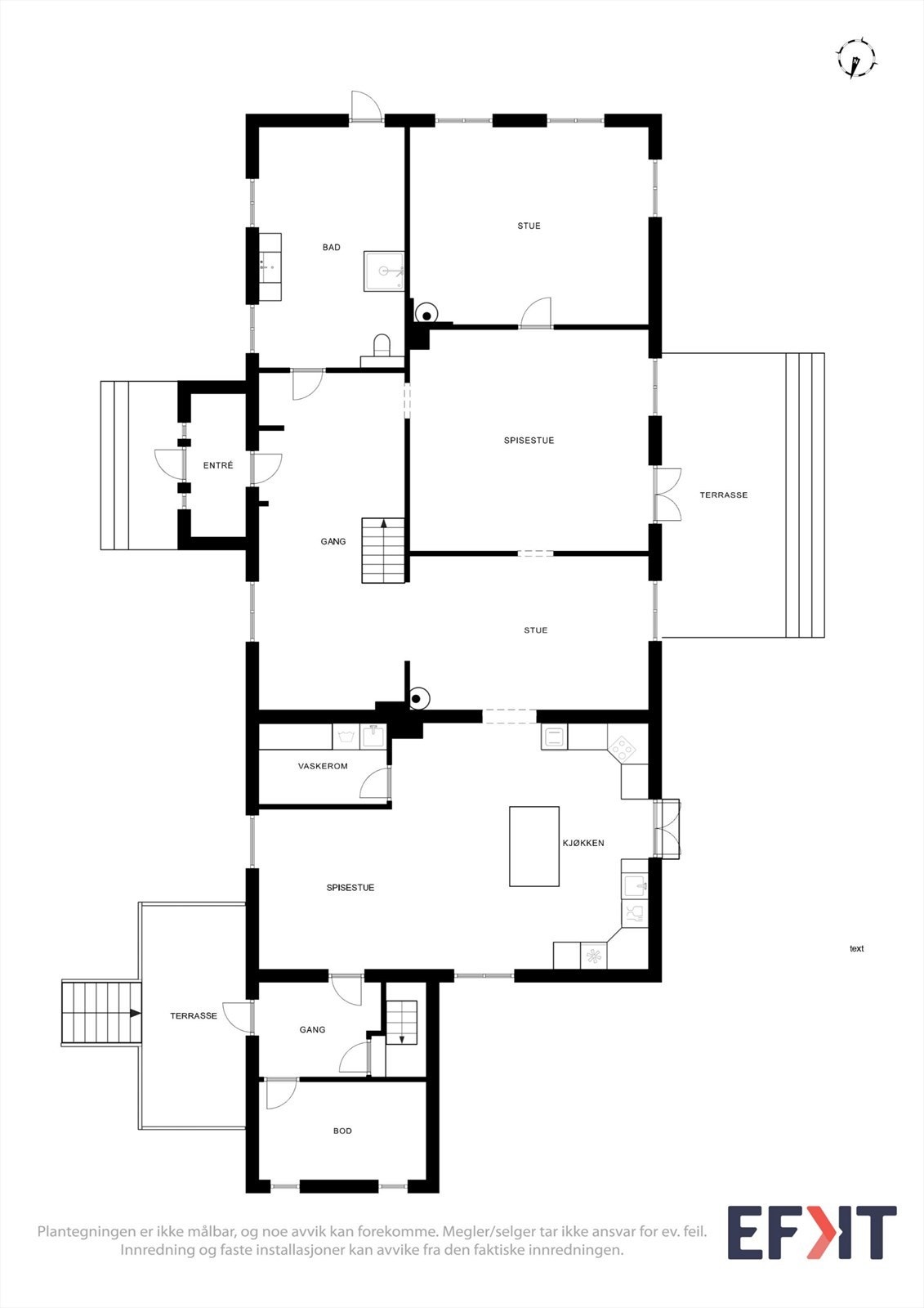 Hovedhusets første etasje har en innholdsrik planløsning med flere stuer, kjøkken, bad og vaskerom. Galleribilde