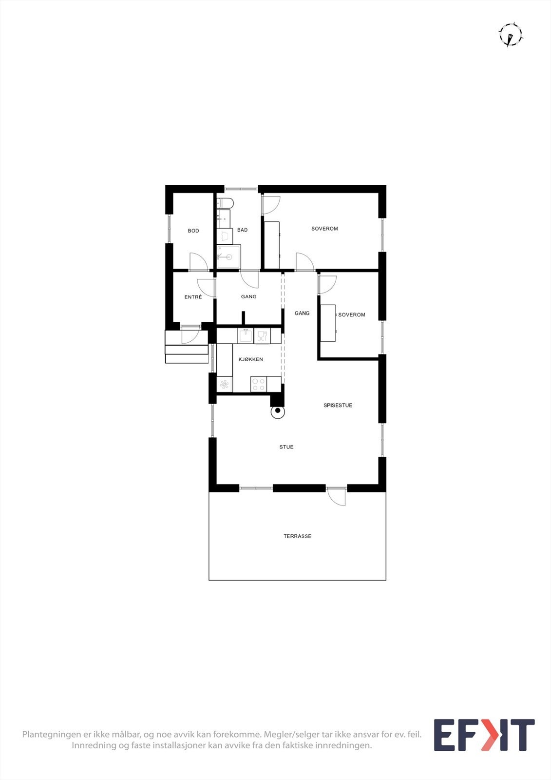 Kårboligen har en arealeffektiv planløsning med stue, kjøkken, bad og to soverom. Galleribilde