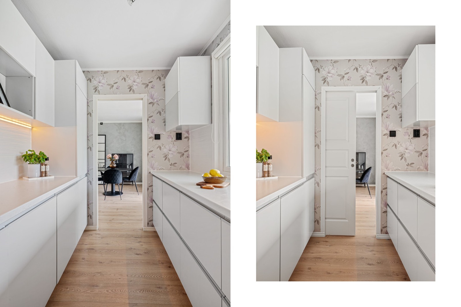 Av integrerte kvaliteter er det keramisk platetopp, stekeovn, mikro og integrert oppvaskmaskin, samt oppvaskkum og ventilator. Galleribilde