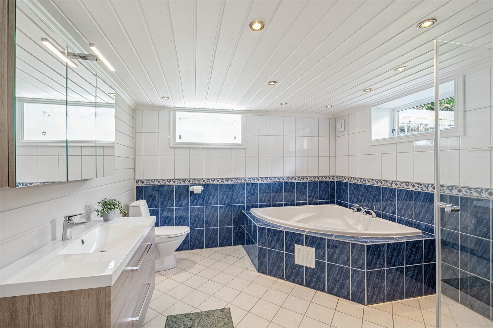 Badet har dusj med glassvegg, innebygd solid badekar, moderne servant og spilskap med lys. Galleribilde