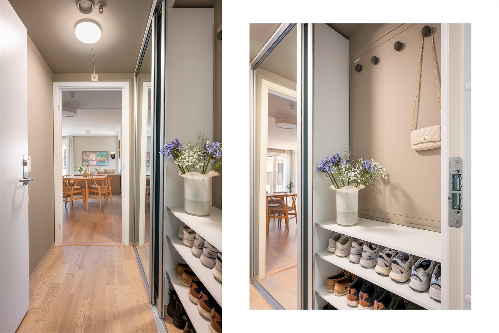 Entréen er innbydende med romslig skyvedørsgarderobe med speilfronter, som gir gode oppbevaringsmuligheter for yttertøy og sko. Praktisk dørcalling med kamerafunksjon og portåpner. Galleribilde