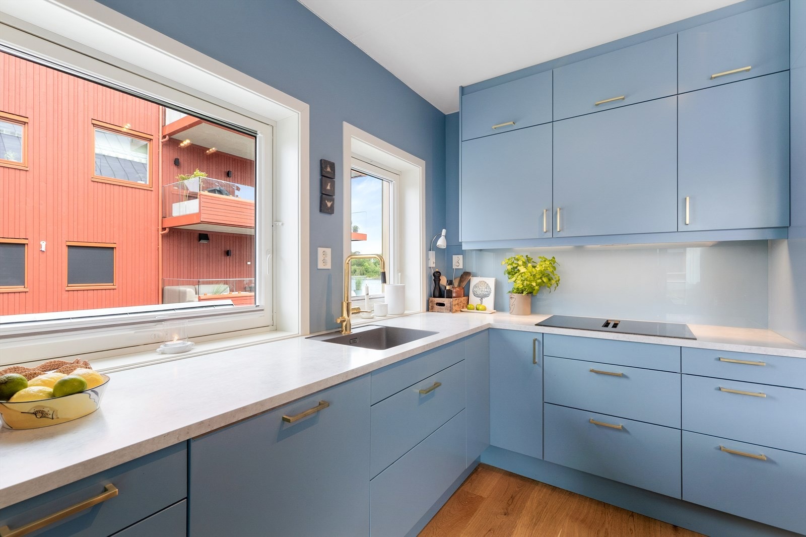 Her er det integrerte hvitevarer som kjøleskap, oppvaskmaskin, stekeovn og nedfelt koketopp med integrert kullfilter ventilator. Galleribilde